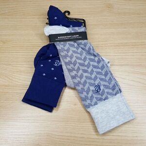 PERRY ELLIS Crew Dress Socks Mens 2-Pack Blue Gray Diamond Stripe Cotton Knit